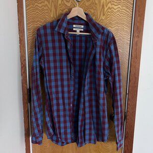 Mens 100% cotton button down long sleeve plaid shirt